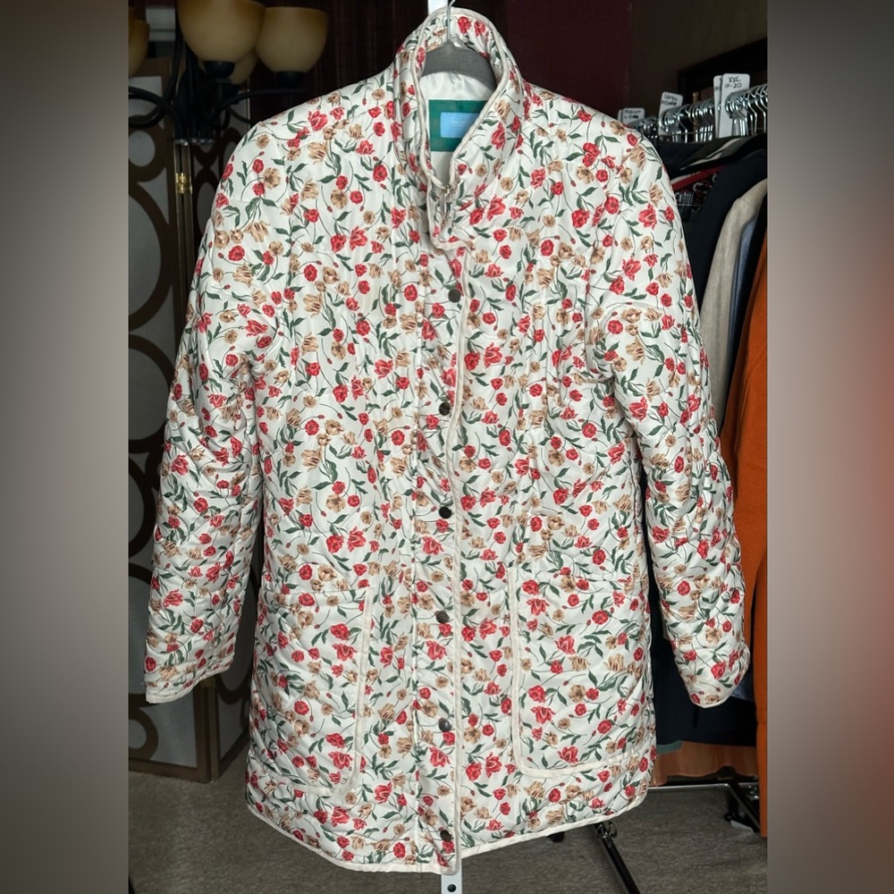 Draper James RSVP Floral Quilted Coat Jacket Small White Red Rose Print